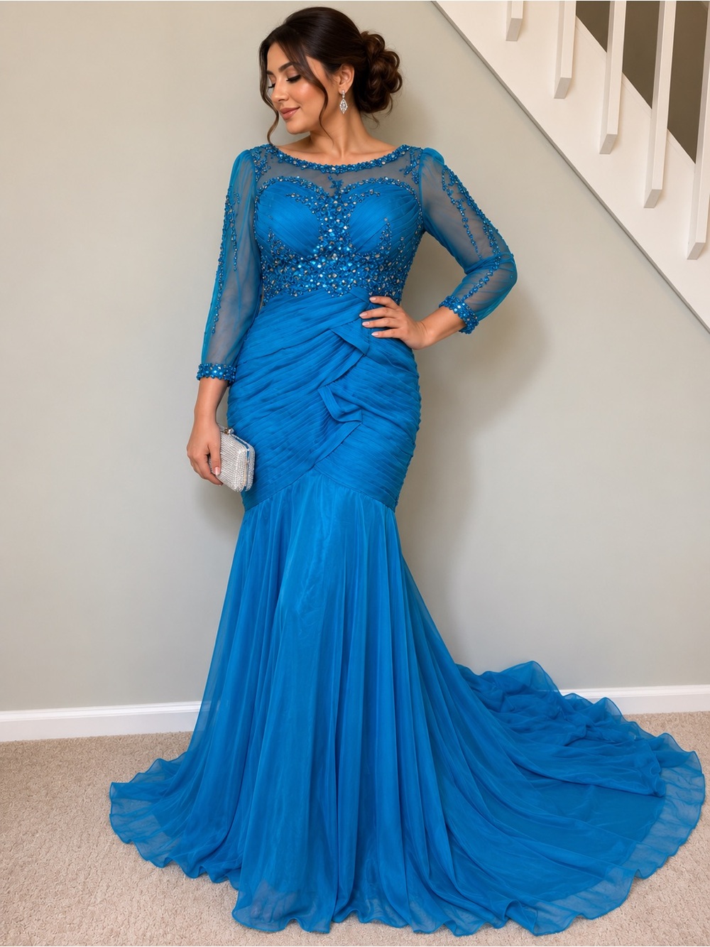 Bridess Elegant Blue Embellished Evening Gown